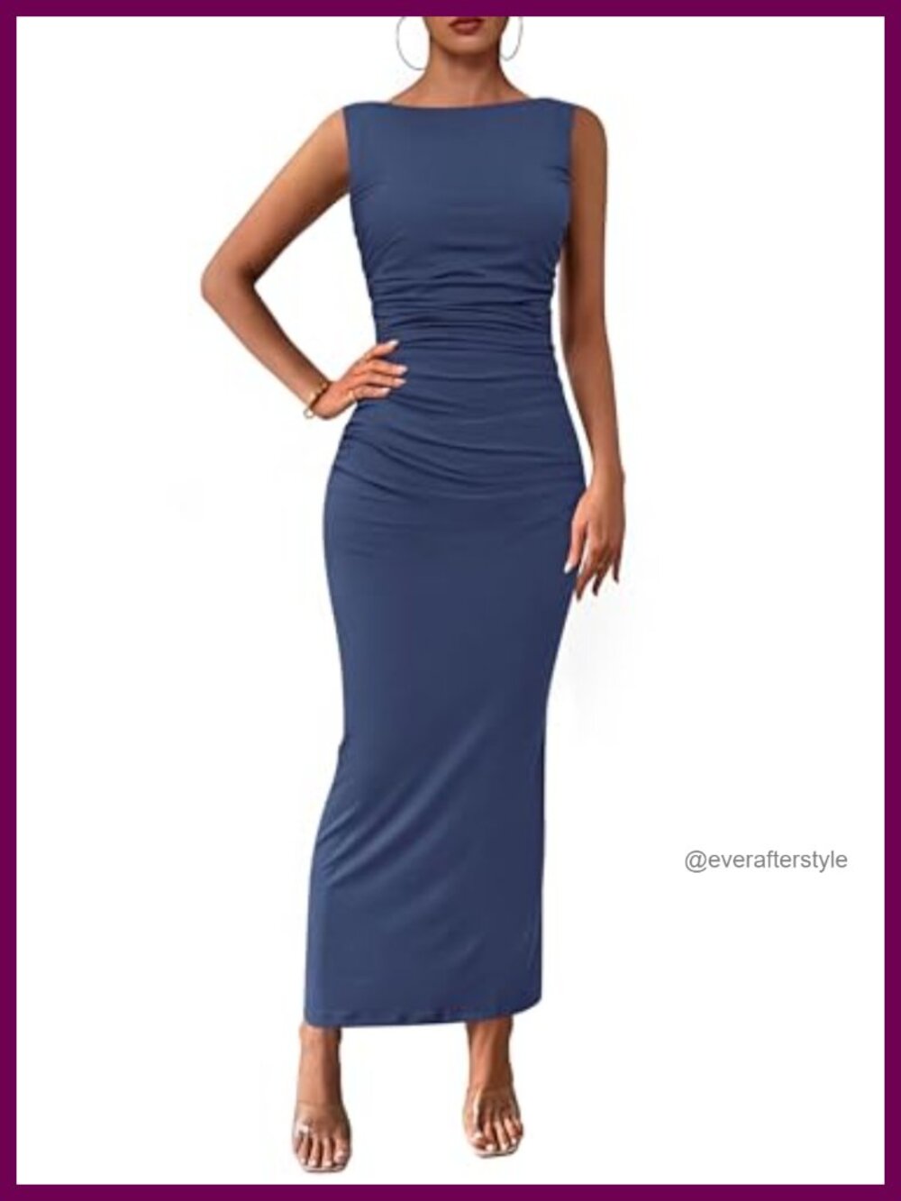 Women's Bodycon Midi Dress Ruched Sleeveless Wedding Guest Cocktail